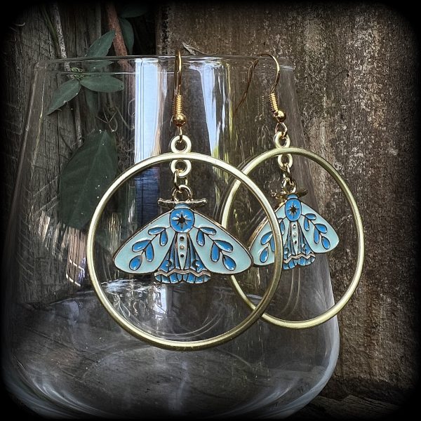 Antique gold blue butterfly hoop earrings Sale