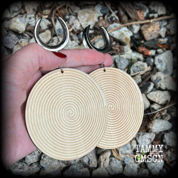 Tribal spiral wood disc earrings-Gauged earrings For Sale