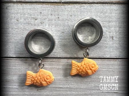 Taiyaki-Red bean fish tunnel earrings on Sale