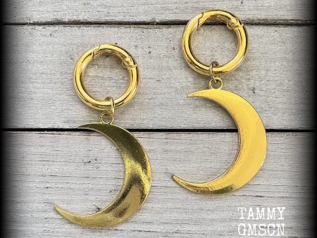 Antique gold crescent moon gauged hoop earrings on Sale