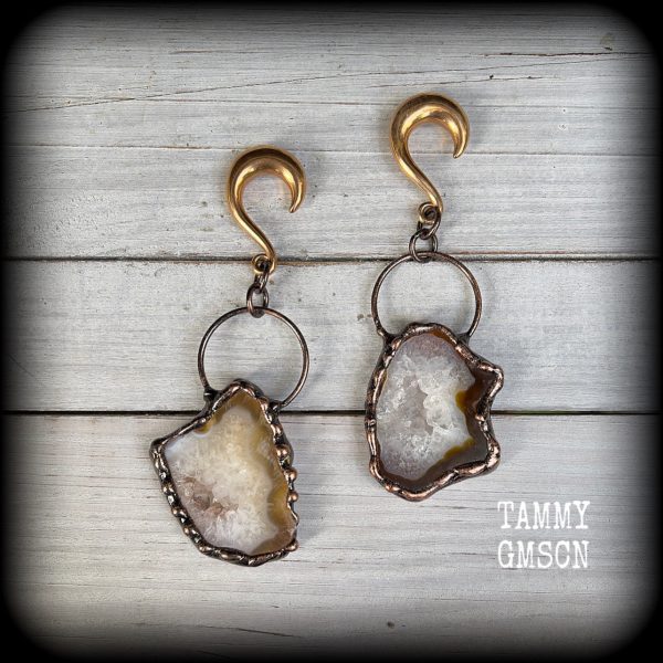 Agate geode slice gauged earrings For Sale