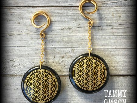 Black obsidian gauged earrings-Flower of life earrings on Sale