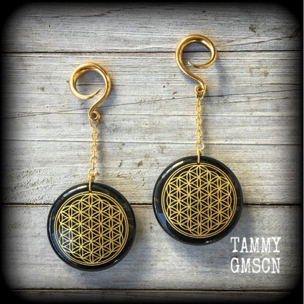 Black obsidian gauged earrings-Flower of life earrings on Sale