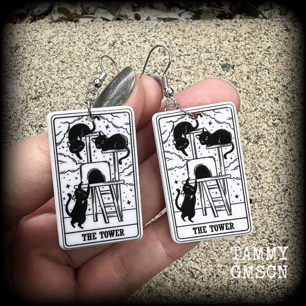 The Cat Tower tarot card earrings For Discount