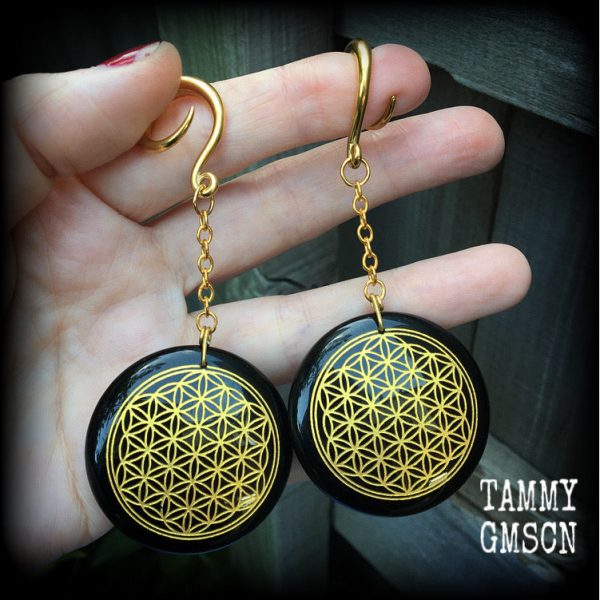 Black obsidian gauged earrings-Flower of life earrings on Sale