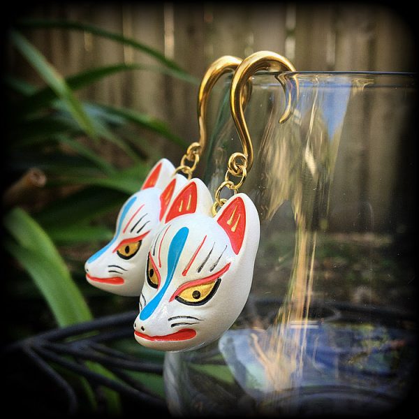 White kitsune gauged earrings-Wood earrings Supply