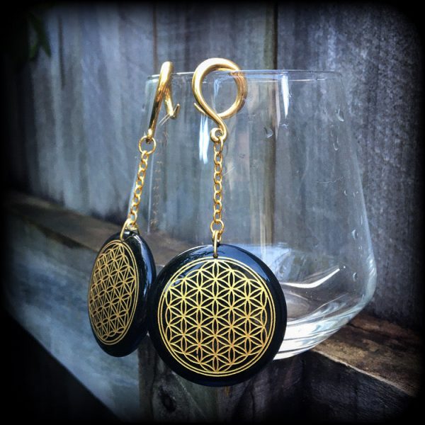 Black obsidian gauged earrings-Flower of life earrings on Sale