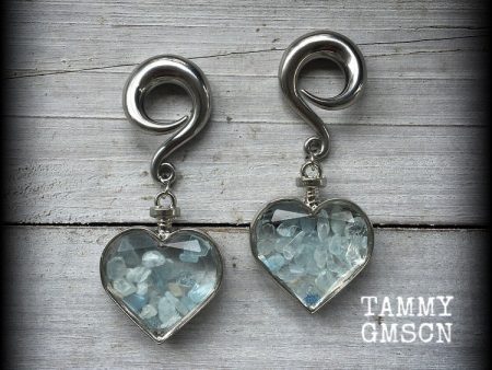 Aquamarine heart gauged earrings Discount