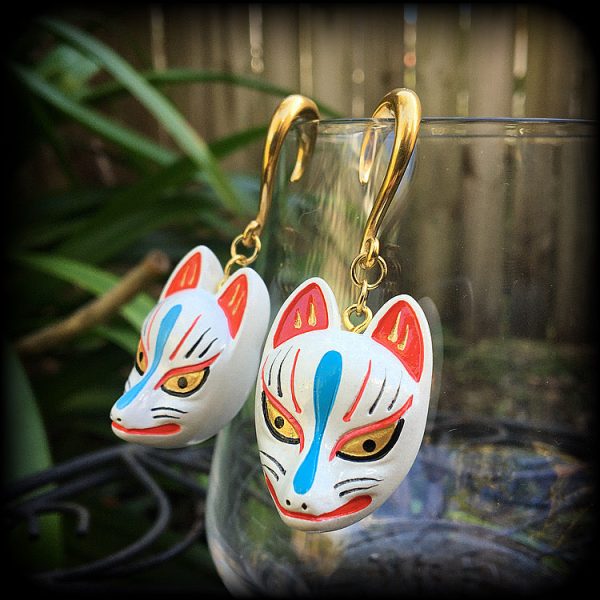 White kitsune gauged earrings-Wood earrings Supply