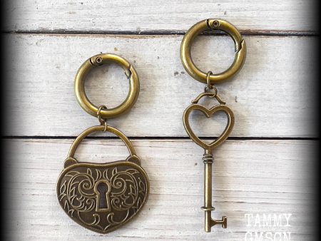 Antique bronze padlock and key hoop earrings-Tunnel hoops on Sale