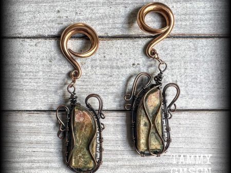 Unakite gauged earrings-Steampunk ear weights Sale