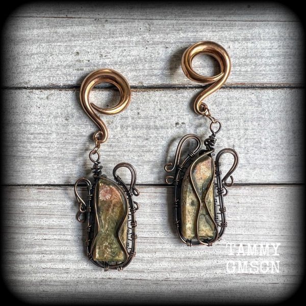 Unakite gauged earrings-Steampunk ear weights Sale