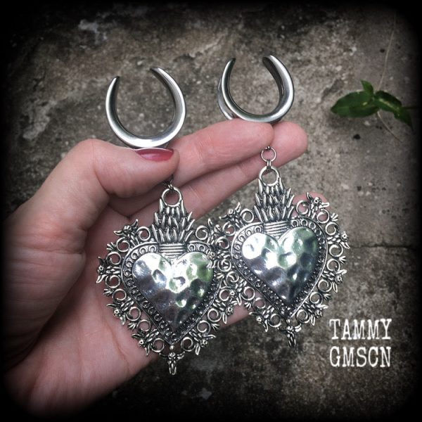 Oversized sacred heart gauged earrings For Sale