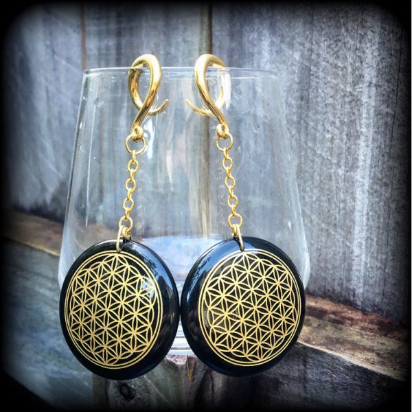 Black obsidian gauged earrings-Flower of life earrings on Sale