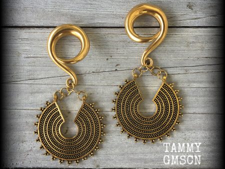 Antique gold Ishtar disc gauged earrings Sale