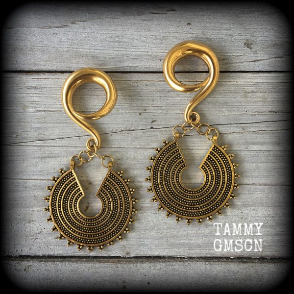 Antique gold Ishtar disc gauged earrings Sale