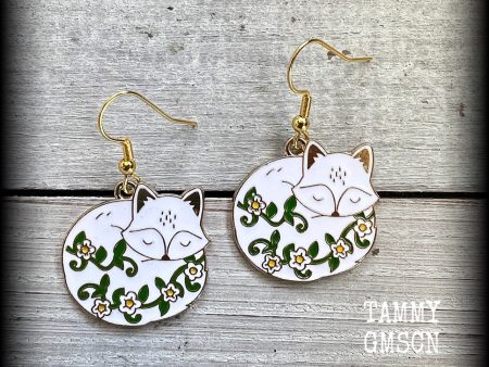 White fox and flowers earrings Hot on Sale