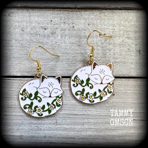 White fox and flowers earrings Hot on Sale