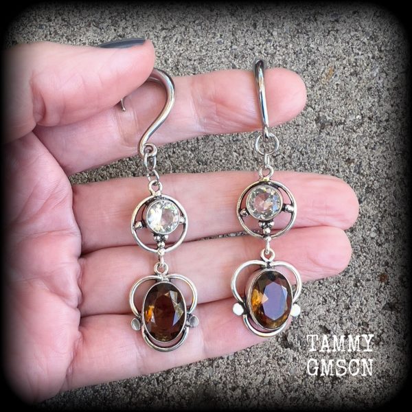 Citrine and Topaz gemstone gauged earrings For Sale