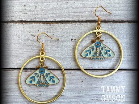 Antique gold blue butterfly hoop earrings Sale