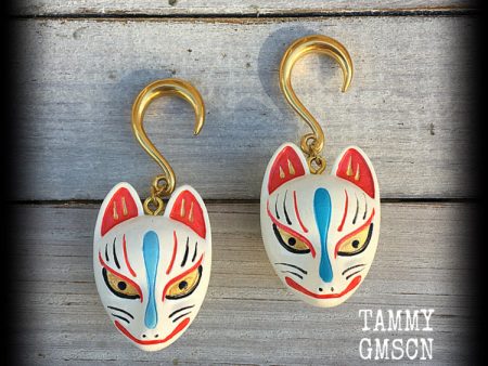 White kitsune gauged earrings-Wood earrings Supply