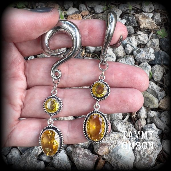 Yellow citrine gauged earrings-Gemstone ear weights Online now