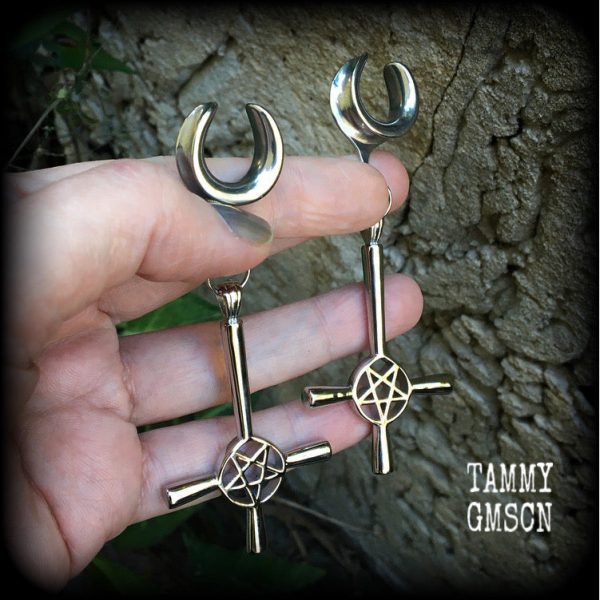 Antique silver inverted cross pentagram gauged earrings Sale