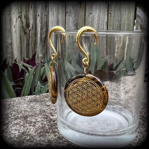 Tigers eye gemstone gauged earrings-Flower of life ear weights For Discount