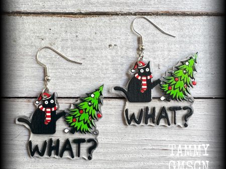 Black cat christmas tree earrings-Yule earrings Hot on Sale