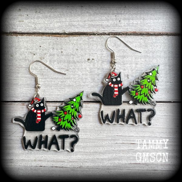 Black cat christmas tree earrings-Yule earrings Hot on Sale