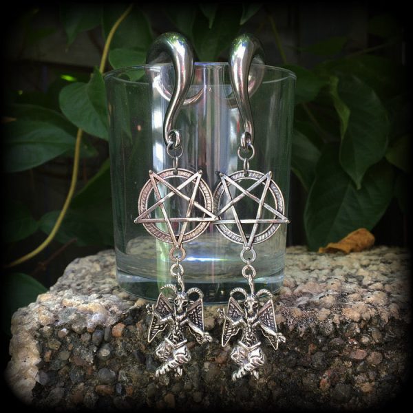 Baphomet and inverted pentagram gauged earrings Online now