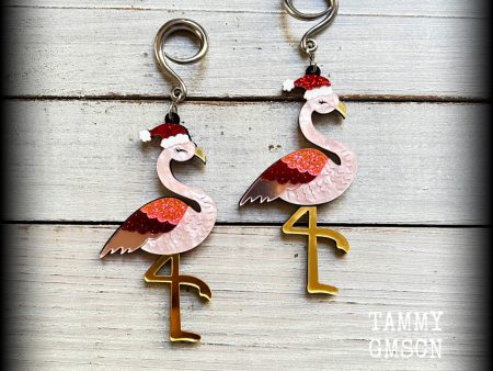 Pink flamingo earrings-Christmas gauged earrings For Discount