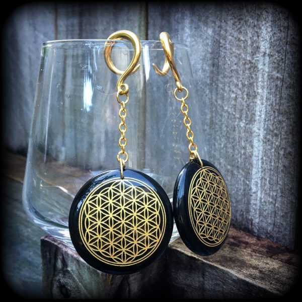 Black obsidian gauged earrings-Flower of life earrings on Sale