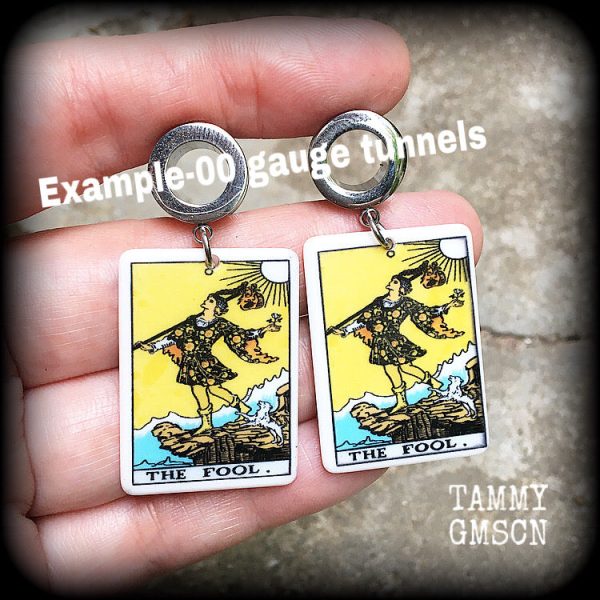 The Fool tarot card tunnel earrings on Sale