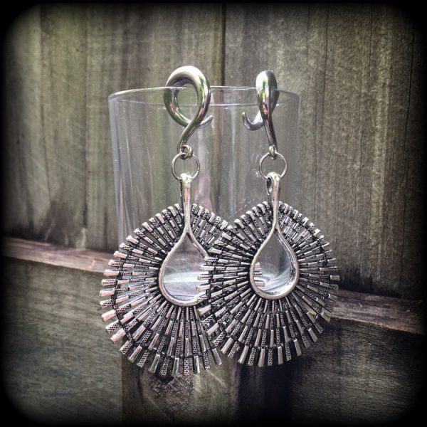 Antique silver Ishtar gauged earrings-Starburst ear weights Cheap