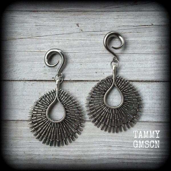 Antique silver Ishtar gauged earrings-Starburst ear weights Cheap