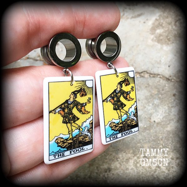 The Fool tarot card tunnel earrings on Sale